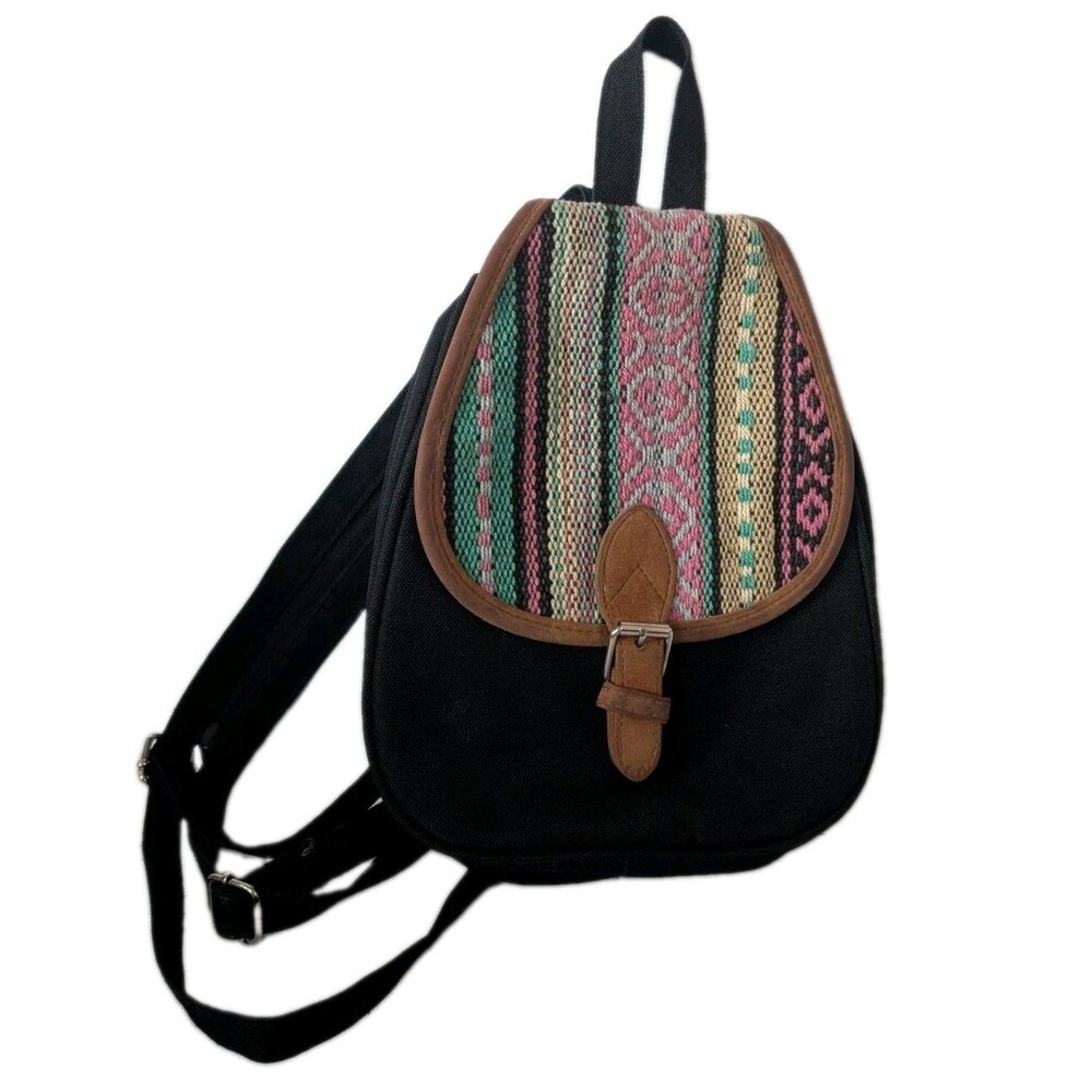 Sassy Boho Backpack Black Woven Tribal Multicolor Flap Brown Buckle Purse